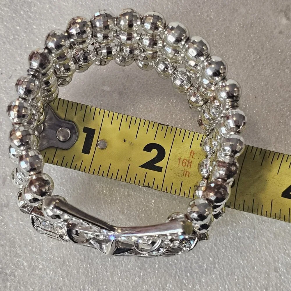 Cowgirl Stretch Bracelet Silver Tone‎ Beaded Rhinestones Star Chunky Western